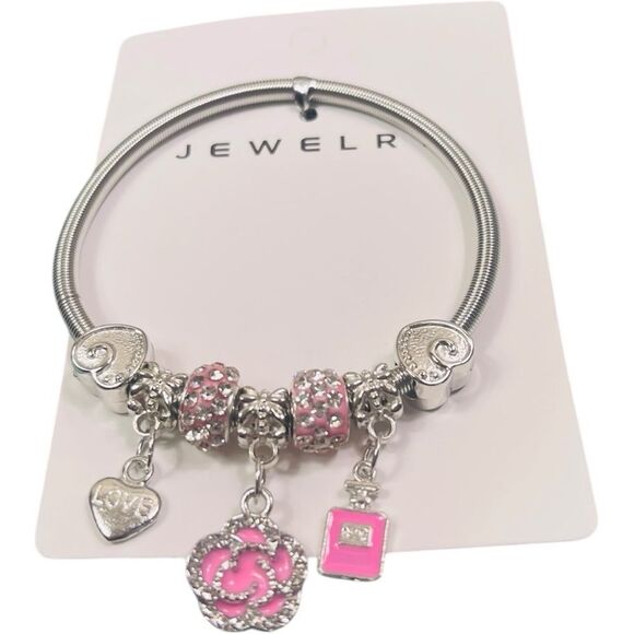 Designer Silver and Pink Camelia Flower Charm Bracelet - Picture 1 of 2